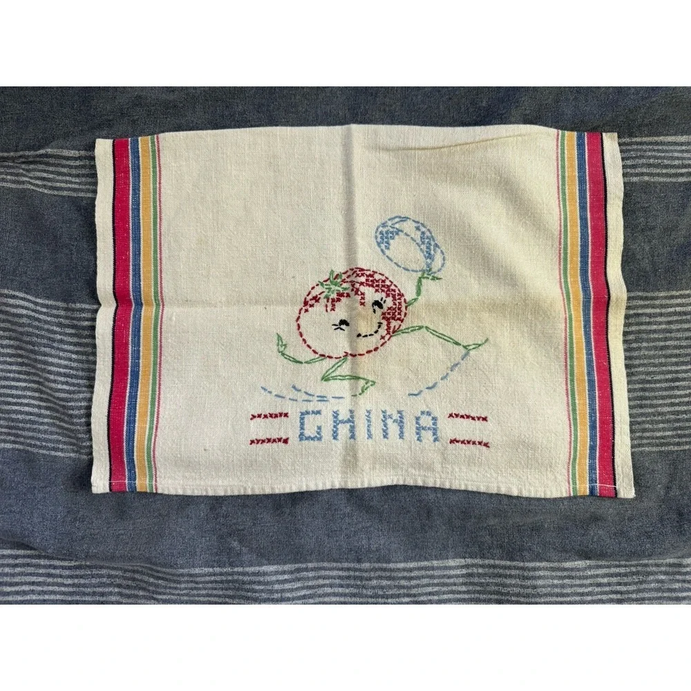 Vintage Hand Stitched Embroidered Hand Towel Striped Needle point‎